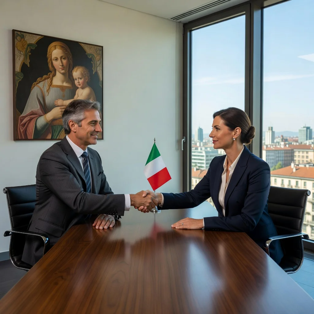 A photorealistic image depicting two professional adults, such as a lawyer and a business executive, engaged in a formal discussion across a conference table in a modern office, symbolizing the advantages and limitations of arbitration in Italian law, with subtle Italian elements like a flag or architecture in the background, conveying balance, negotiation, and resolution without showing any legal documents.