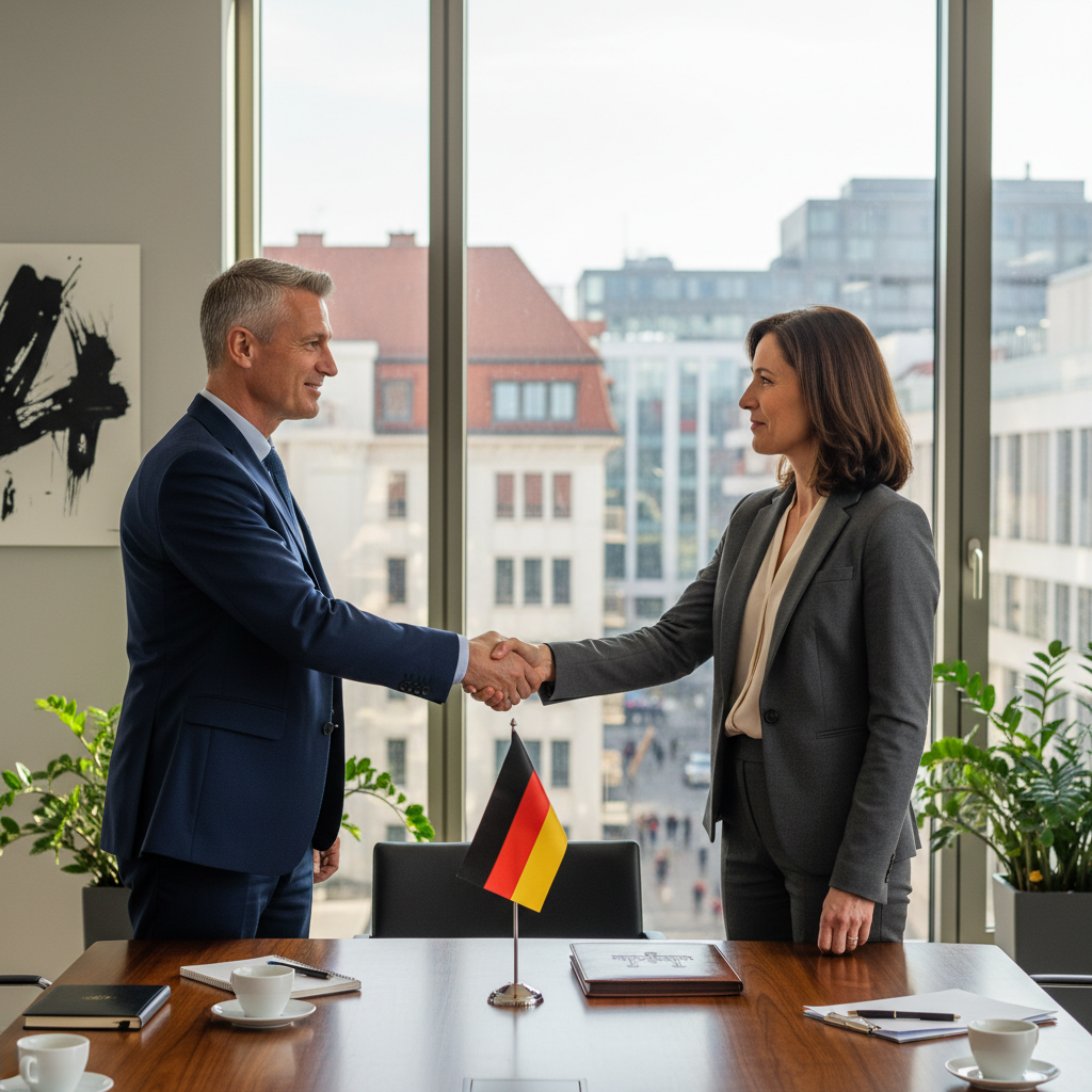 A photorealistic image of two professional adults in a modern German office, shaking hands over a conference table to symbolize an arbitration agreement, with subtle German flag elements in the background, conveying trust and resolution in business disputes.