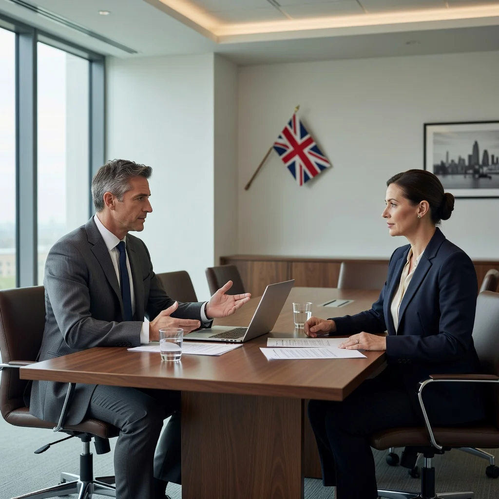 A photorealistic image symbolizing arbitration and dispute resolution in the UK legal context, featuring two professional adults in business attire seated across a polished wooden table in a modern conference room, engaged in a calm discussion with hand gestures indicating negotiation, a Union Jack flag subtly visible in the background, natural daylight streaming through large windows, conveying fairness, agreement, and resolution without showing any legal documents.