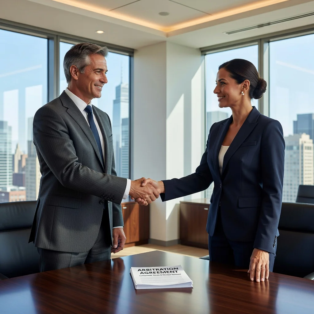 A photorealistic image representing the concept of arbitration in a professional setting, such as two business professionals in suits shaking hands across a conference table in a modern office, symbolizing agreement and resolution without court, with American flag subtly in the background to indicate United States context.