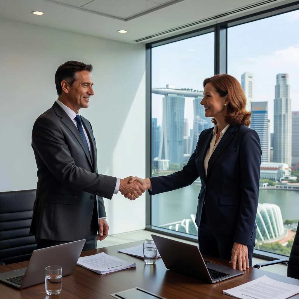 A photorealistic image representing arbitration and dispute resolution in a professional Singaporean business context, showing two diverse adult business professionals in a modern conference room shaking hands after reaching an agreement, with a subtle Singapore skyline visible through the window, symbolizing harmony and resolution without focusing on documents.