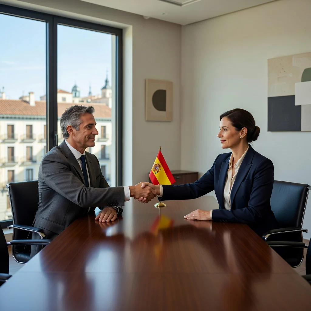 A photorealistic image representing arbitration in Spain, featuring two professional adults in a modern conference room in Madrid, engaged in a formal discussion with Spanish flags and legal architecture in the background, symbolizing resolution through convenio arbitral without showing any documents.
