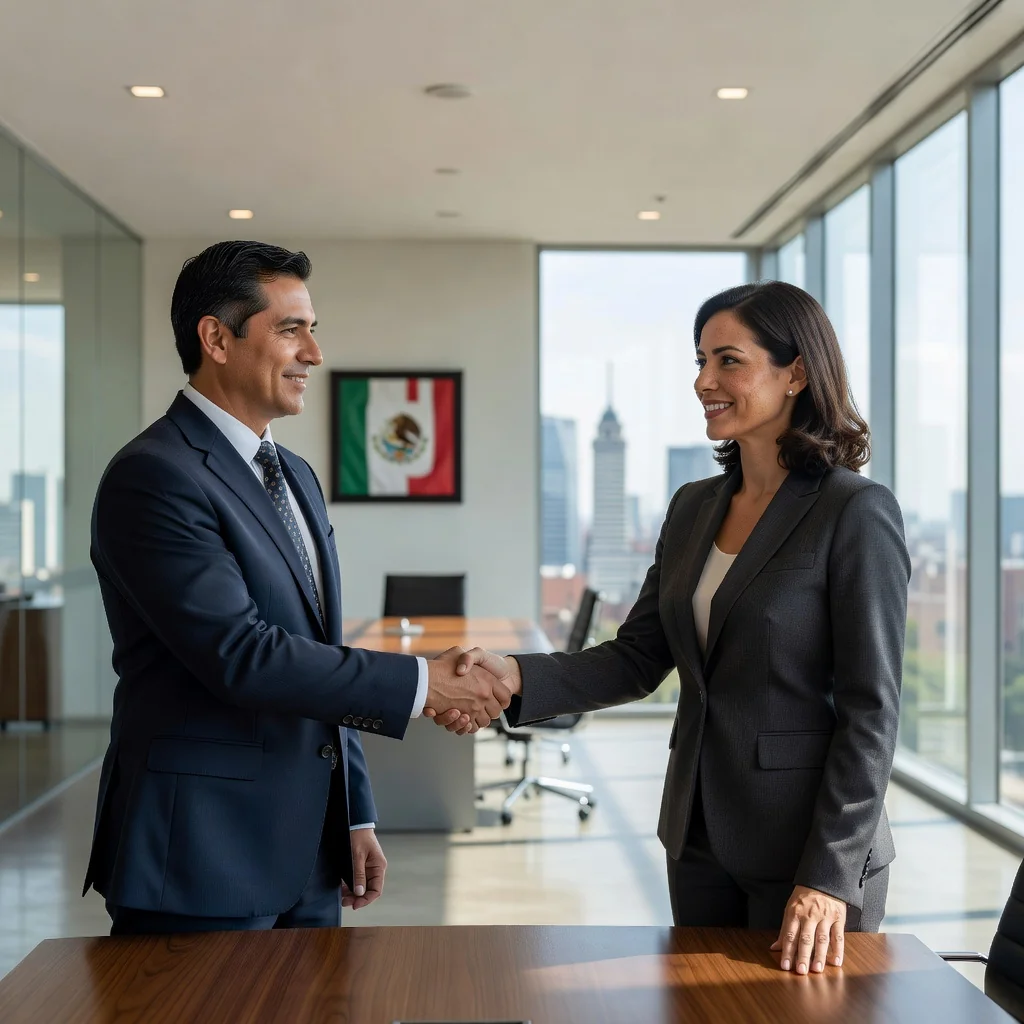 A photorealistic image representing arbitration and dispute resolution in a professional Mexican business context, featuring two adult business professionals in a modern conference room in Mexico City, shaking hands over a table with subtle Mexican cultural elements like a flag or cityscape view in the background, symbolizing agreement and legal compromise without showing any documents.