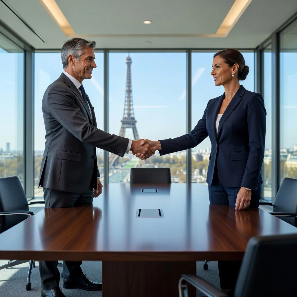 A professional scene representing arbitration in France, featuring two business professionals in suits shaking hands in agreement across a conference table in a modern Parisian office with the Eiffel Tower visible through a large window in the background, symbolizing resolution and legal convention without showing any documents.