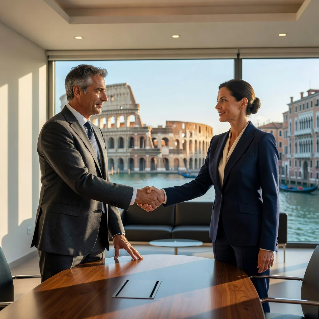 A photorealistic image of two professional adults in a modern Italian conference room, shaking hands over a conference table with Italian landmarks visible through the window, symbolizing a successful arbitration agreement in Italy, no children present.