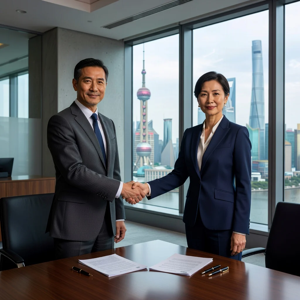 A photorealistic image representing the concept of arbitration agreements in China, showing two professional adults in a modern conference room in a Chinese business setting, engaged in a formal discussion with handshakes, symbolizing dispute resolution and agreement, no legal documents visible, no children present.