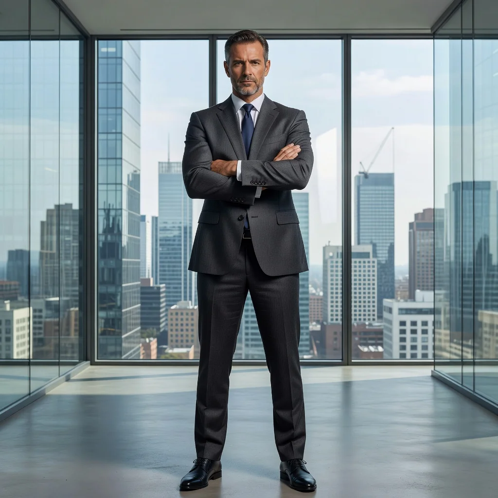 A photorealistic image representing the purpose of a cease and desist letter, showing a confident adult professional in a modern office setting, standing firm with arms crossed, symbolizing protection of rights and stopping unwanted actions, no documents visible, no children present.