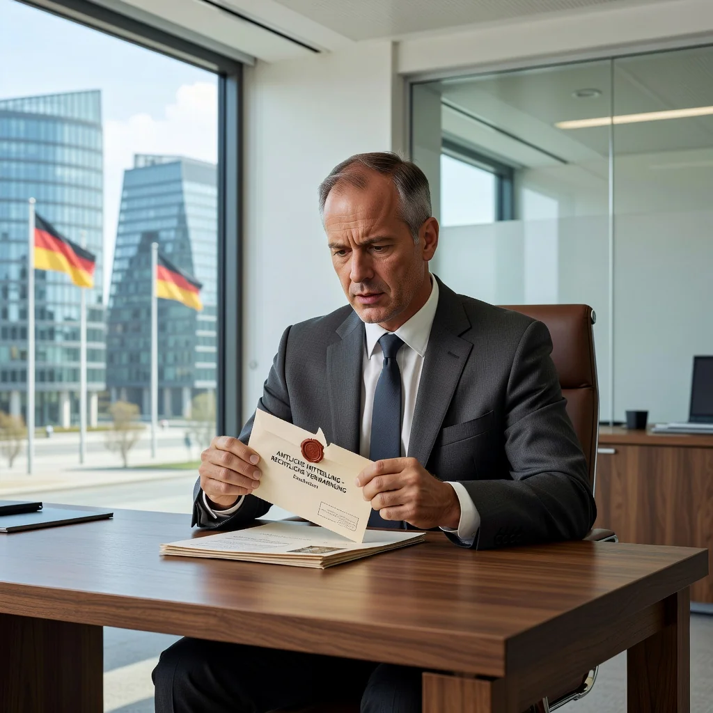 A photorealistic image of a concerned adult professional sitting at a desk in a modern German office, holding a letter in an envelope with a serious expression, symbolizing the receipt of a formal warning or cease-and-desist notice. The scene conveys tension and legal formality without showing any documents or text. No children are present.