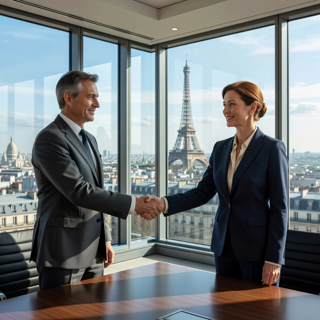 A professional scene representing the formal resolution of a legal dispute in French law, showing two adults in a modern office shaking hands after a successful negotiation, symbolizing the purpose of a mise en demeure as a formal demand leading to amicable settlement, with subtle French elements like a flag or Eiffel Tower in the background.