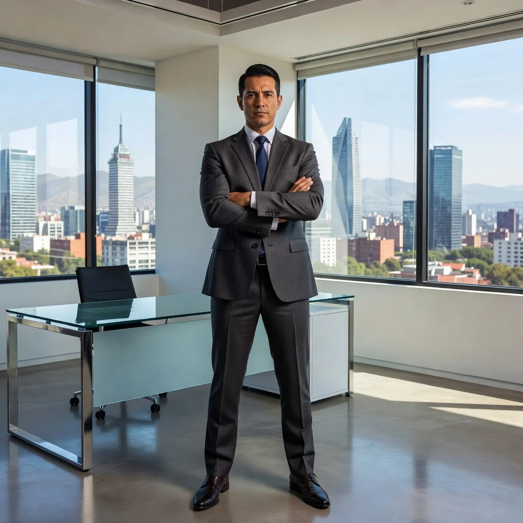 A photorealistic image depicting a professional adult Mexican individual in a modern office setting, looking determined and empowered as they assert their rights by ending an unwanted interaction, symbolizing the purpose of a cease and desist letter without showing any documents. The scene includes subtle Mexican cultural elements like a flag or cityscape in the background, conveying protection and legal empowerment.