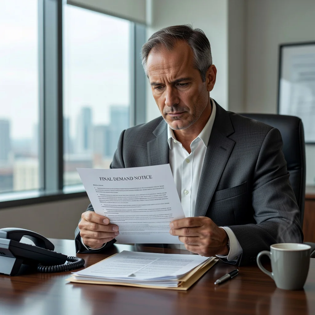 A photorealistic image depicting a stressed adult professional in a modern office setting, looking worried while reviewing a formal letter on their desk, symbolizing the anxiety and potential consequences of ignoring a legal notice, with no children present.