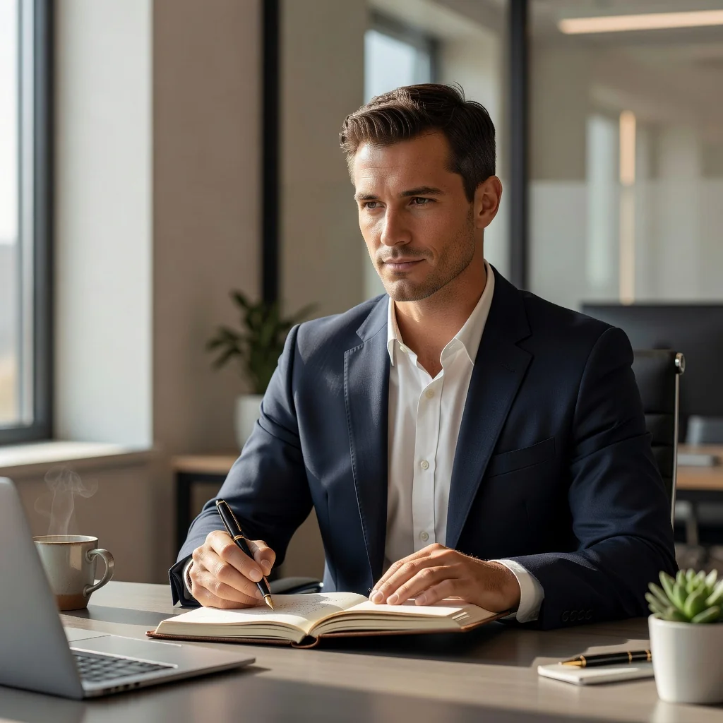 A professional adult in a business setting, confidently reviewing documents at a desk with a determined expression, symbolizing the assertive communication of a demand letter without showing any legal paperwork directly.