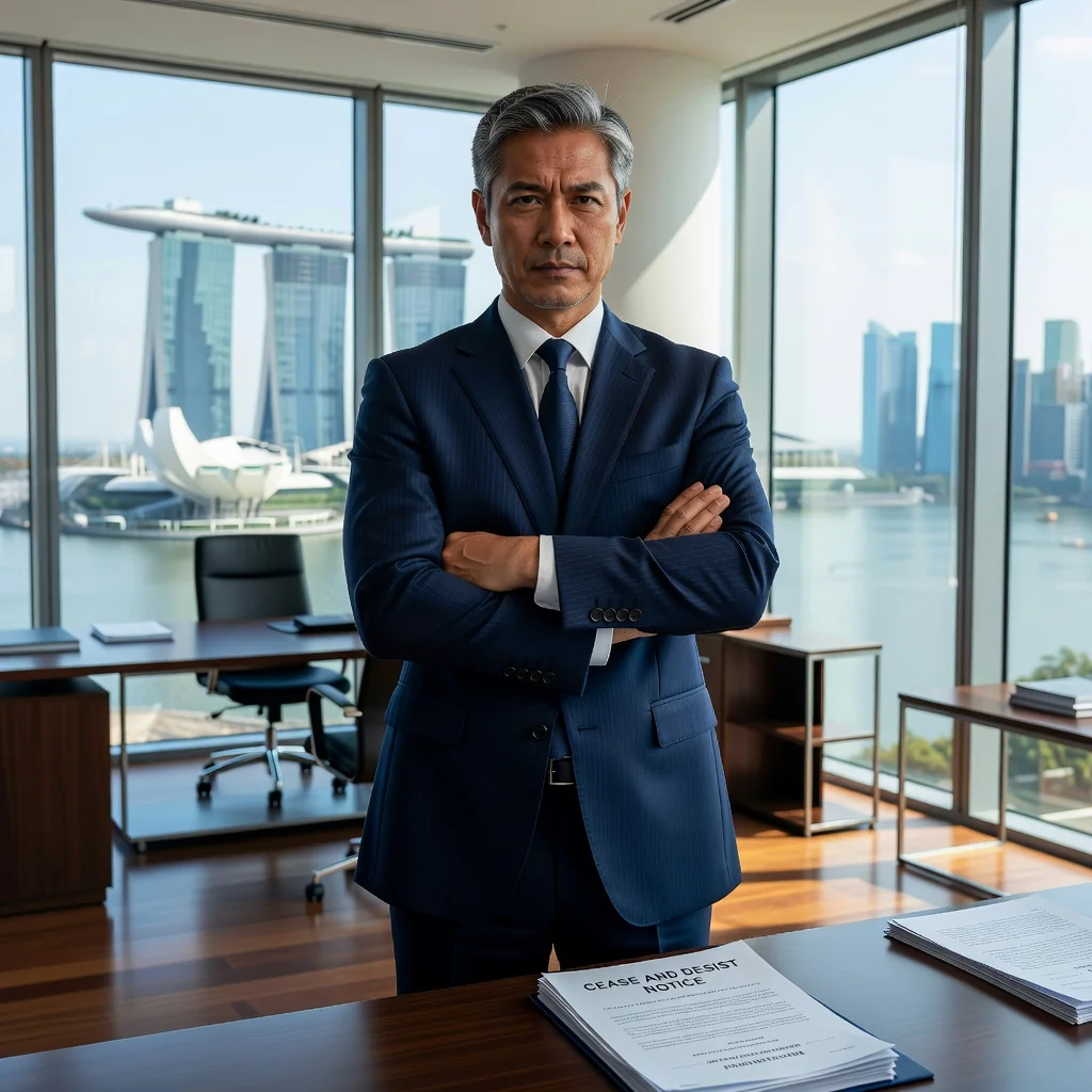 A photorealistic image of a determined adult professional in a modern Singapore office, standing confidently with arms crossed, gazing out a window overlooking the city skyline, symbolizing protection of rights and assertive legal action against infringement.