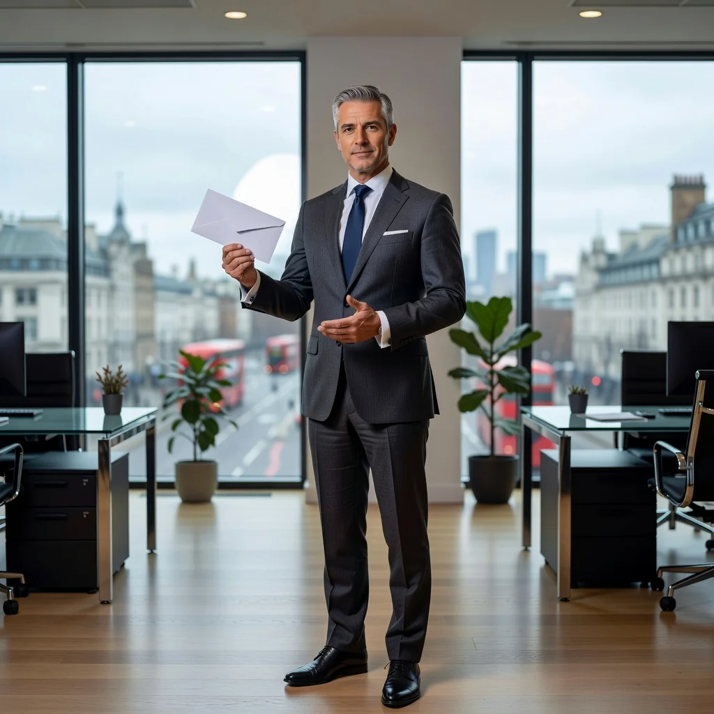 A photorealistic image of a determined adult professional in a modern office setting, holding a formal letter and looking resolute as if issuing a warning or standing up for their rights, symbolizing the purpose of a cease and desist letter in stopping unwanted actions. The scene conveys authority and protection without showing any legal documents directly. No children are present in the image.