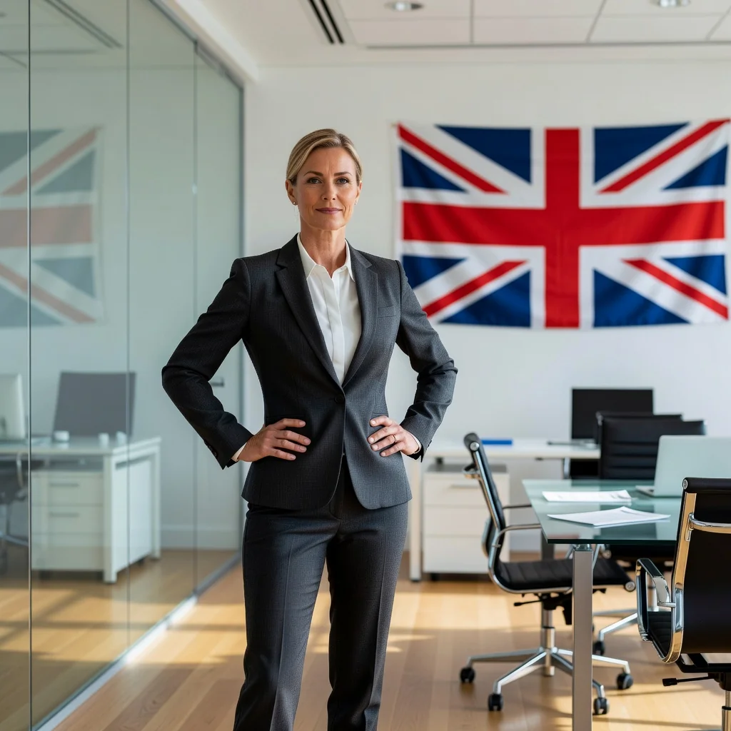 A photorealistic image depicting a confident adult professional in a modern UK office setting, standing with arms crossed and a determined expression, symbolizing the act of asserting one's rights and addressing a legal issue through a cease and desist letter, without showing any documents or text.