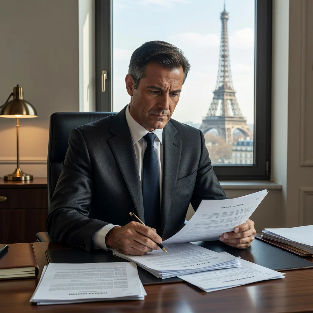 A professional adult lawyer in a modern French office, confidently reviewing legal documents at a desk with French landmarks visible through the window, symbolizing the preparation of an effective formal notice in France.