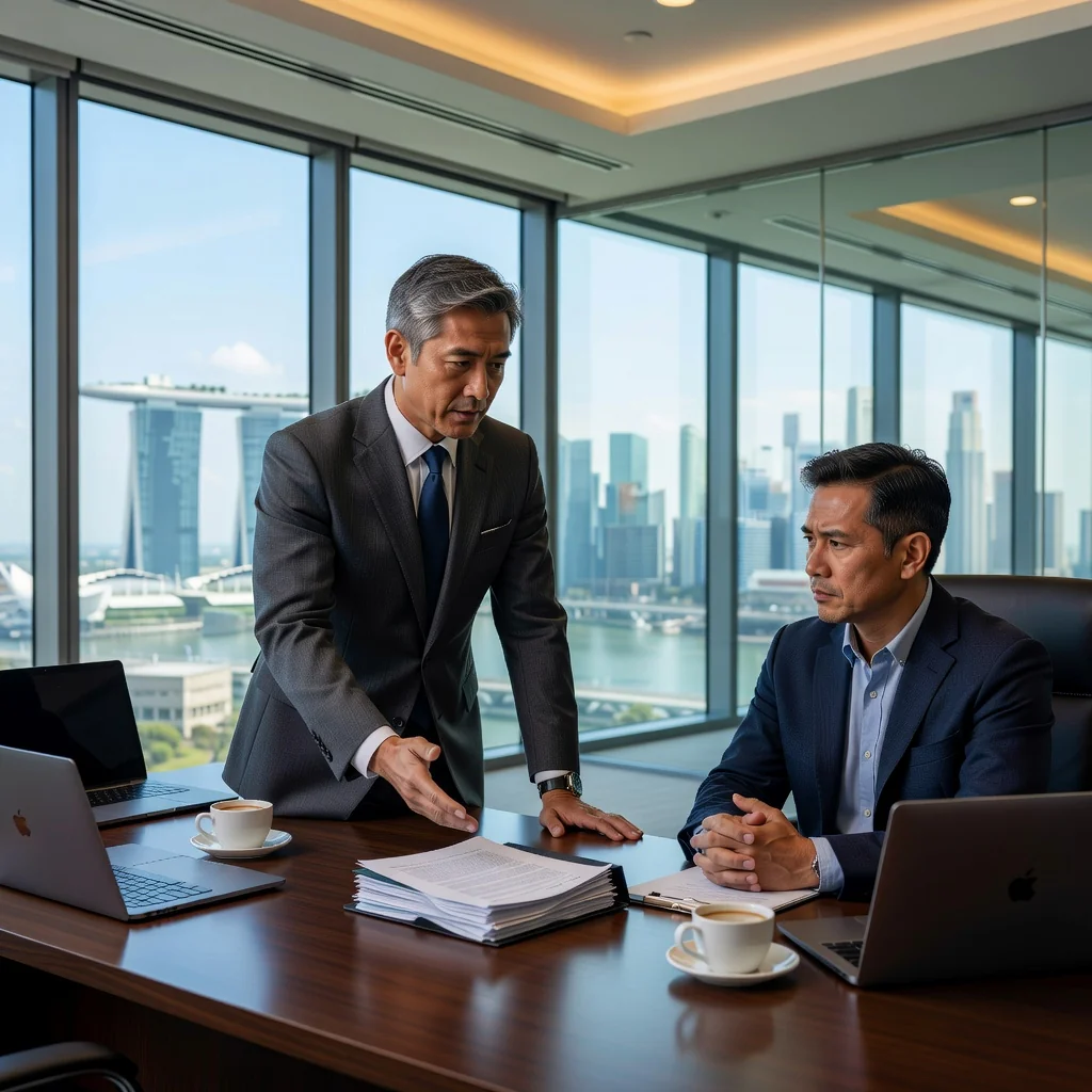 A photorealistic image of a professional business meeting in a modern Singapore office, where a determined lawyer is discussing enforcement strategies with a client, symbolizing the resolution of legal disputes through cease and desist actions, with Singapore skyline visible through the window, no children present.