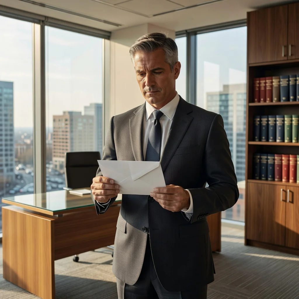 A photorealistic image representing the concept of sending a formal warning or cease and desist notice in everyday legal disputes, such as a professional adult standing confidently in an office setting with a determined expression, holding a letter or envelope, symbolizing protection of rights without showing any documents or children.