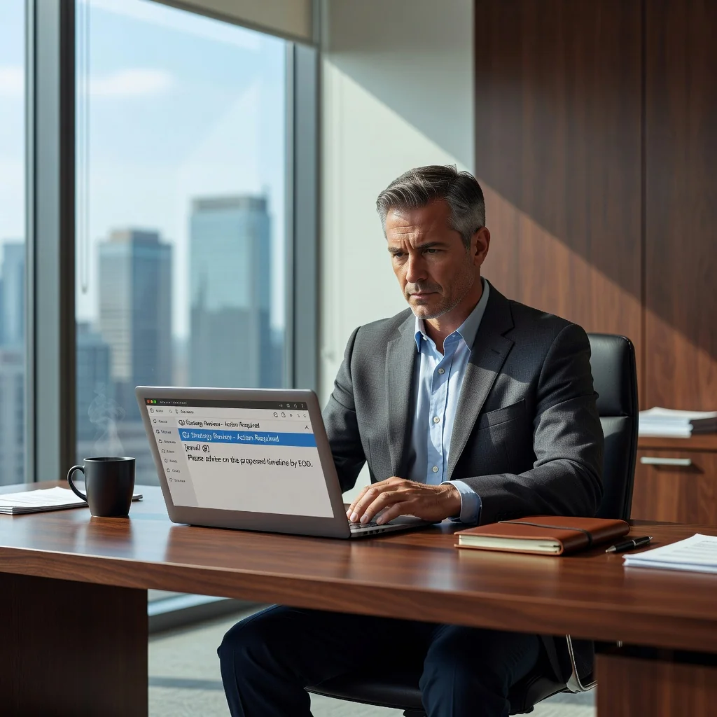 A photorealistic image of a concerned adult professional sitting at a desk in a modern office, looking thoughtfully at a laptop screen displaying an email notification, symbolizing receiving and reacting to a formal warning or legal notice, with no legal documents visible, no children present, evoking a sense of contemplation and response to workplace issues.