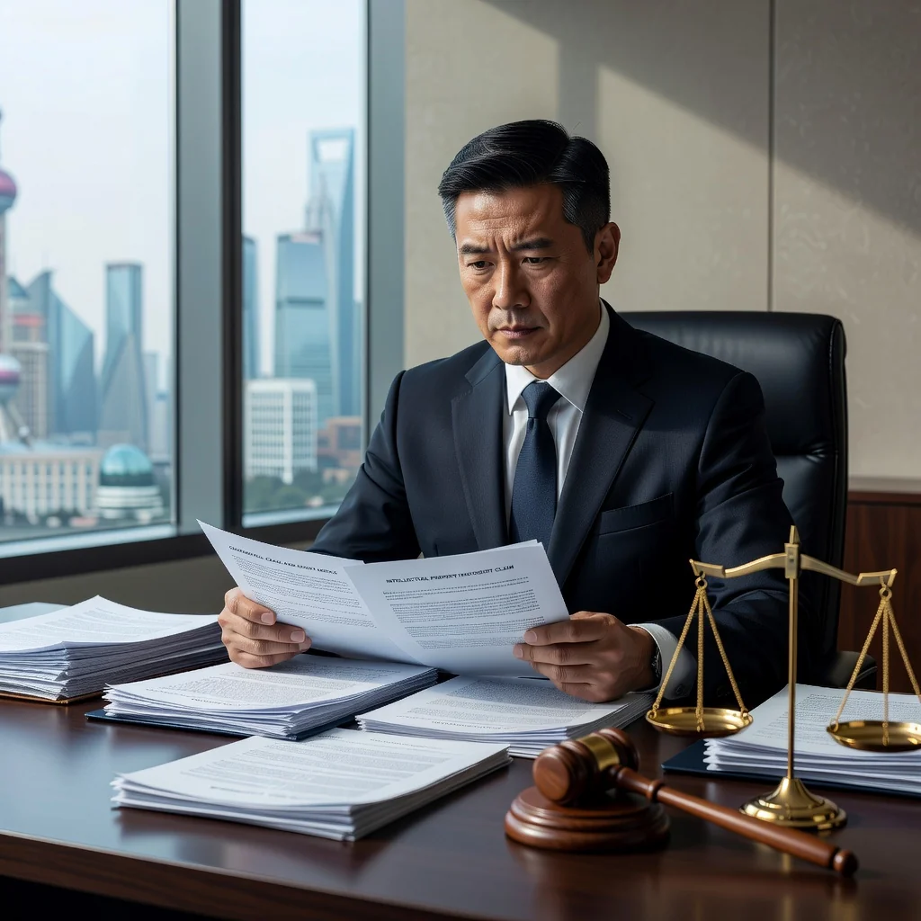 A professional scene in a modern Chinese office where a determined business lawyer is reviewing important documents on a desk, with subtle elements like a gavel and scales of justice in the background, symbolizing protection of intellectual property rights and stopping infringement, evoking a sense of legal vigilance and fairness in a corporate setting, no children present.
