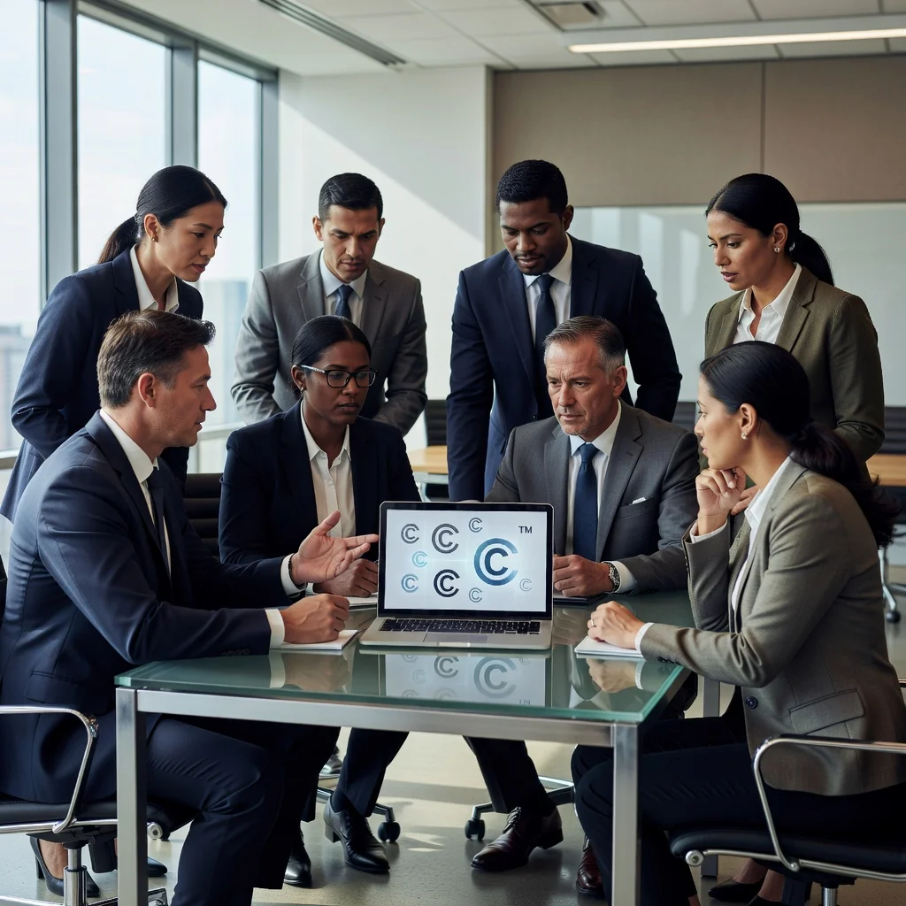 A professional scene depicting intellectual property protection in a modern office environment, with a diverse group of adults discussing copyright issues around a conference table, emphasizing the purpose of cease and desist notifications without showing any legal documents.
