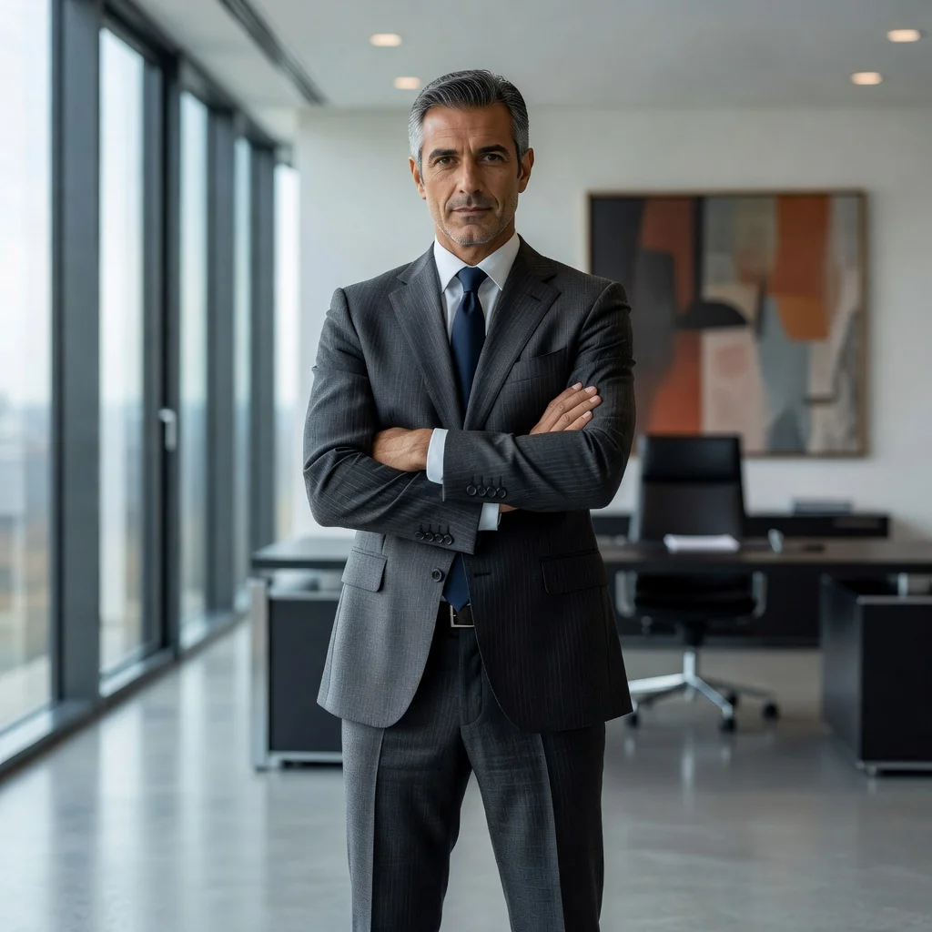 A photorealistic image of a determined adult professional in a modern office setting in Italy, standing confidently with arms crossed, looking directly at the camera, symbolizing assertiveness and protection of rights without showing any legal documents.