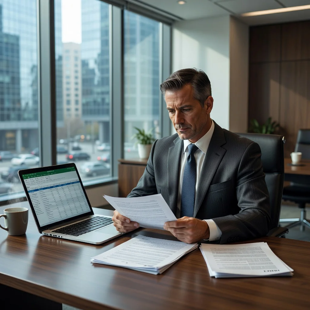 A photorealistic image depicting a confident adult professional in a modern office setting, carefully reviewing important documents on a desk, symbolizing the protective and assertive nature of a formal warning letter in legal matters, with no children present.