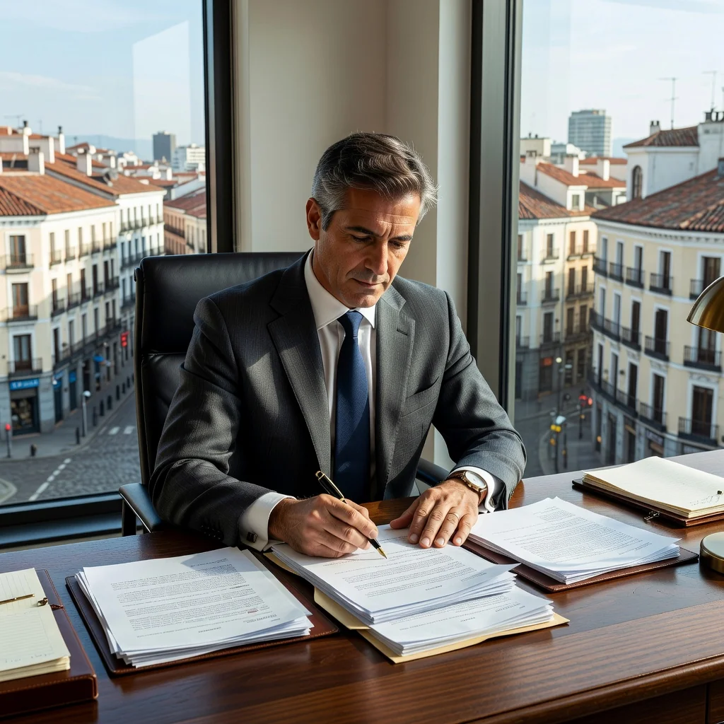 A photorealistic image of a professional adult in a modern Spanish office setting, looking determined while reviewing important papers on a desk, symbolizing the formal notification and resolution process of a legal requirement letter in Spain. The scene conveys seriousness and professionalism without showing any documents directly.