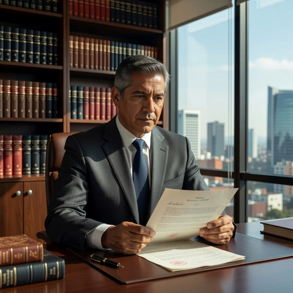 A photorealistic image depicting a confident adult professional in a modern Mexican office setting, reviewing important legal correspondence with a determined expression, symbolizing the resolution of disputes through a cease and desist letter, no children present.