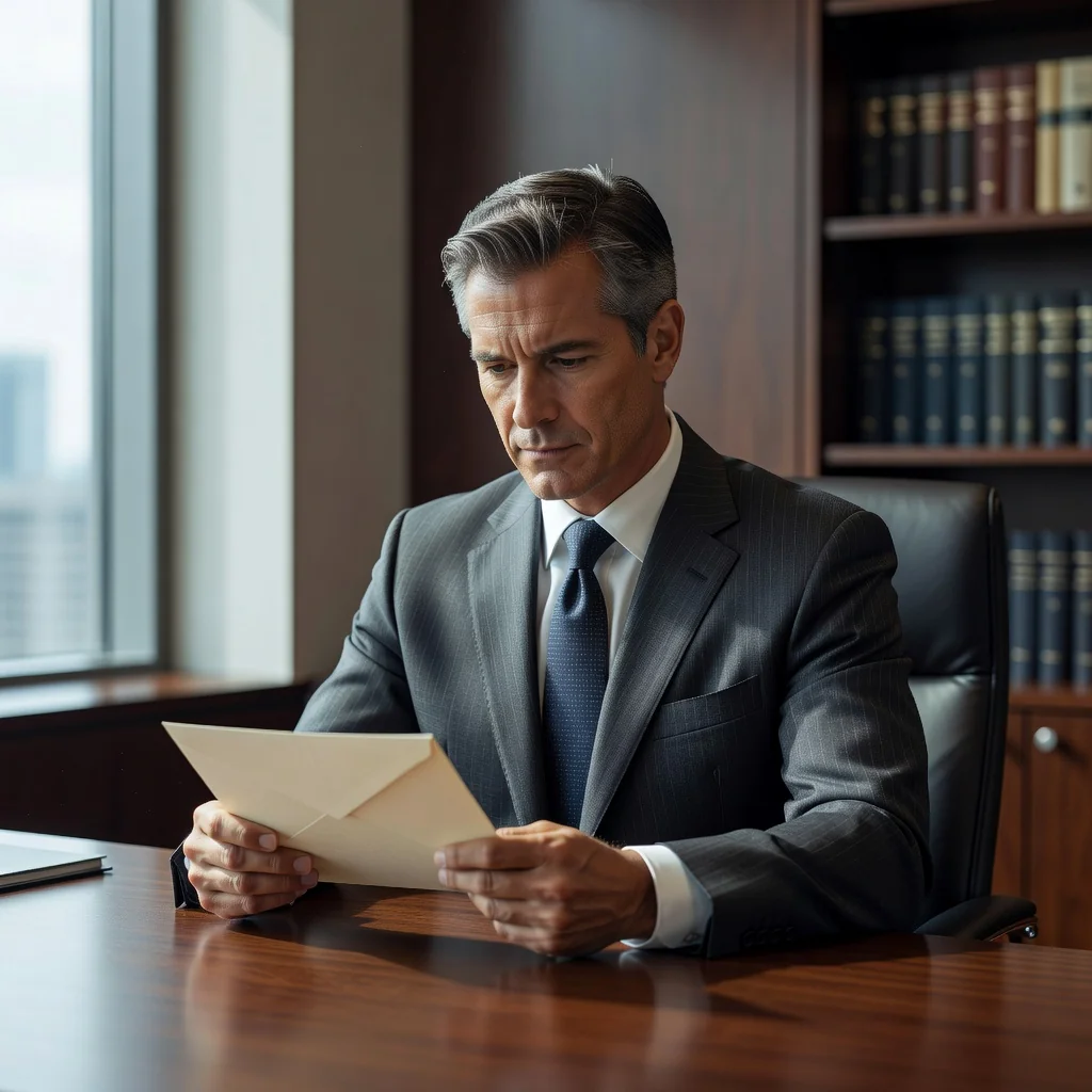 A professional scene representing legal requirements and formal communications, such as a confident adult lawyer or business professional in a modern office setting, reviewing documents with a serious expression, symbolizing the preparation and issuance of demand letters for various legal situations. No children are present in the image.