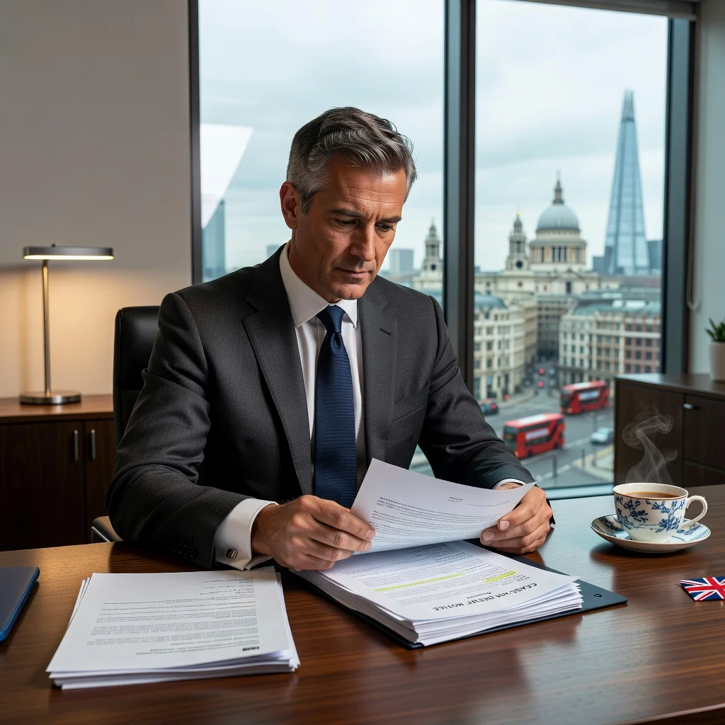 A photorealistic image depicting a professional adult in a modern UK office setting, looking determined while reviewing paperwork at a desk, symbolizing the decision to address intellectual property or legal infringement through a cease and desist action. The scene includes elements like a Union Jack flag subtly in the background to indicate the United Kingdom context, with natural lighting and realistic details. No children are present in the image.