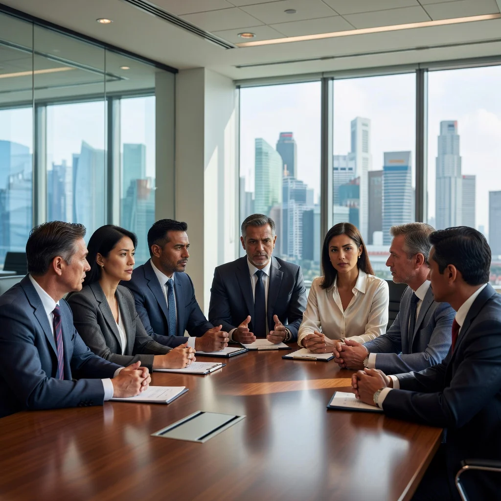 A professional business meeting in a modern Singapore office, where adults are discussing concerns with serious expressions, symbolizing addressing intellectual property or business disputes without showing any legal documents.