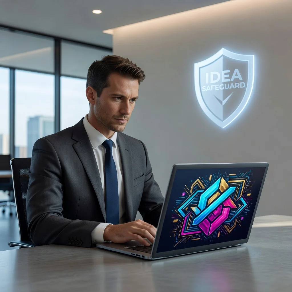 A professional scene representing the protection of intellectual property rights, showing a determined adult businessperson in a modern office setting, reviewing digital content on a computer screen with a protective shield icon subtly overlaid, symbolizing stopping infringement without focusing on any legal document.