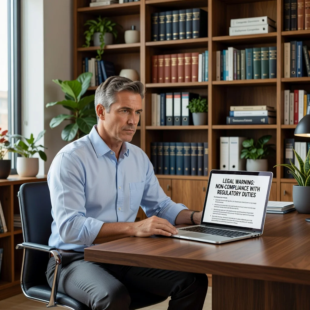A photorealistic image of a concerned adult professional in a modern office setting, sitting at a desk reviewing a formal warning notice on their computer screen, with a thoughtful expression, symbolizing the rights and obligations in a legal warning process.
