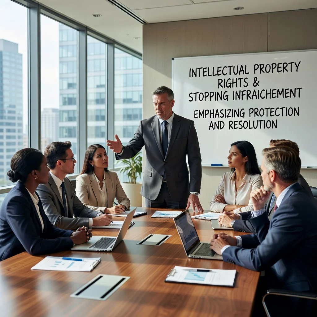 A professional business meeting in a modern office where a confident business executive is firmly discussing boundaries with a colleague across a conference table, symbolizing the enforcement of legal protections and cessation of unauthorized activities, photorealistic style, no children present.