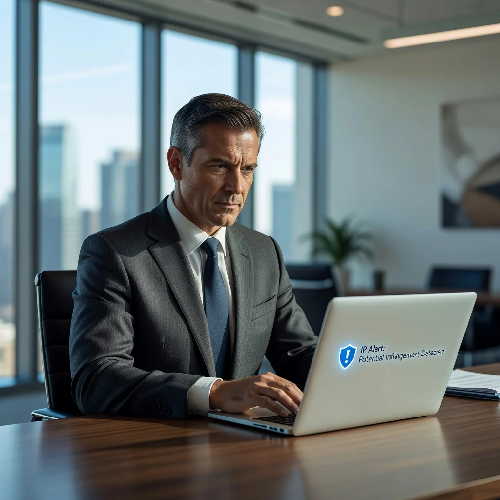 A photorealistic image of a determined adult professional sitting at a desk in a modern office, looking confidently at a computer screen displaying an email notification about a cease and desist matter, symbolizing proactive protection of rights without showing any documents or children.