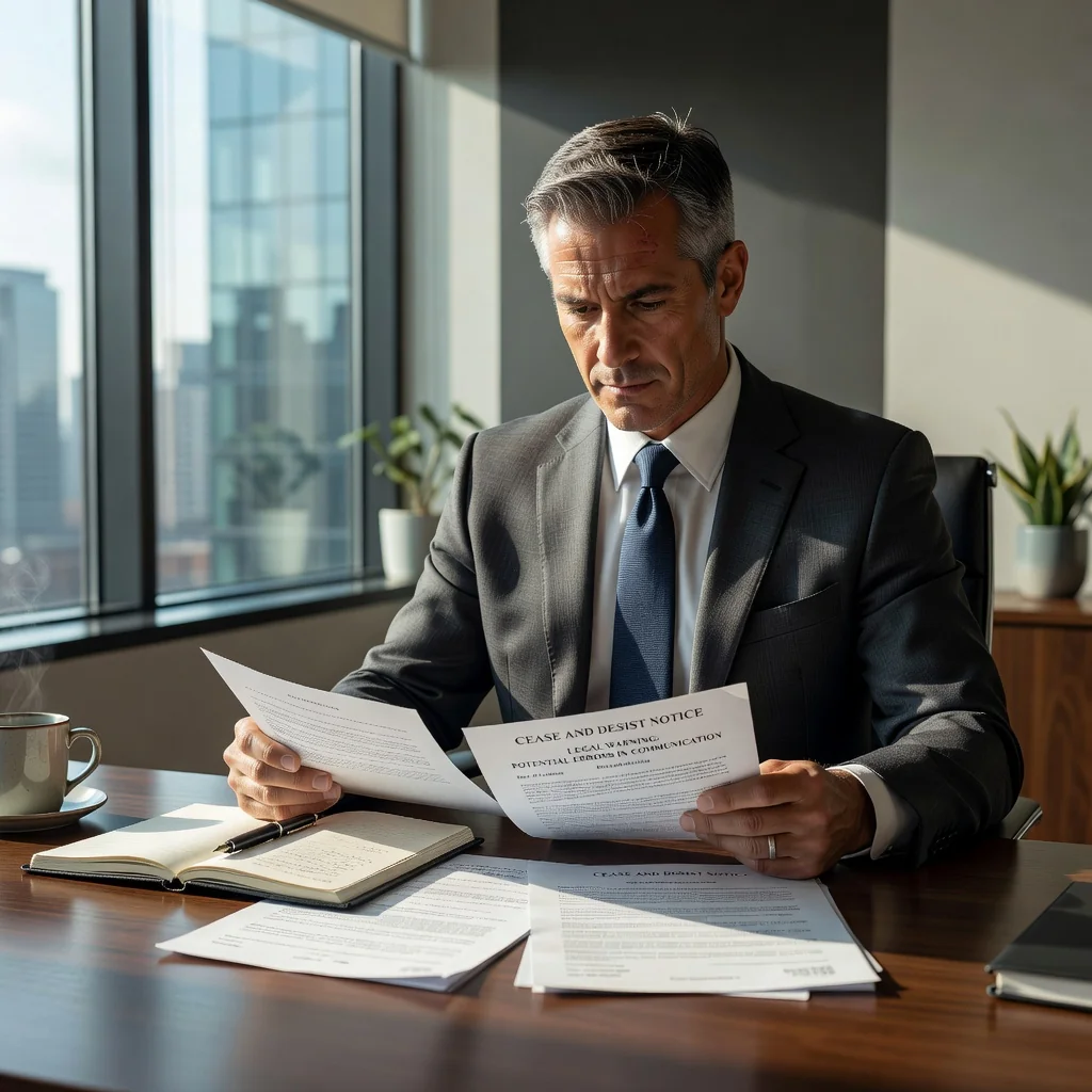 A photorealistic image depicting a confident adult professional in a modern office setting, carefully reviewing important documents on a desk, symbolizing caution and precision in handling cease and desist matters to avoid errors, with no children present.
