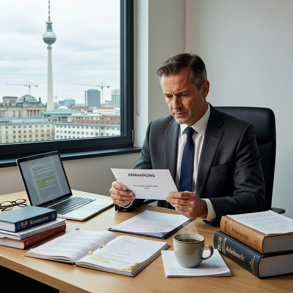A photorealistic image of a concerned adult professional sitting at a desk in a modern German office, reviewing a formal warning letter with a serious expression, surrounded by subtle German elements like a flag or cityscape view, conveying the theme of receiving an Abmahnung notice without showing the document itself.