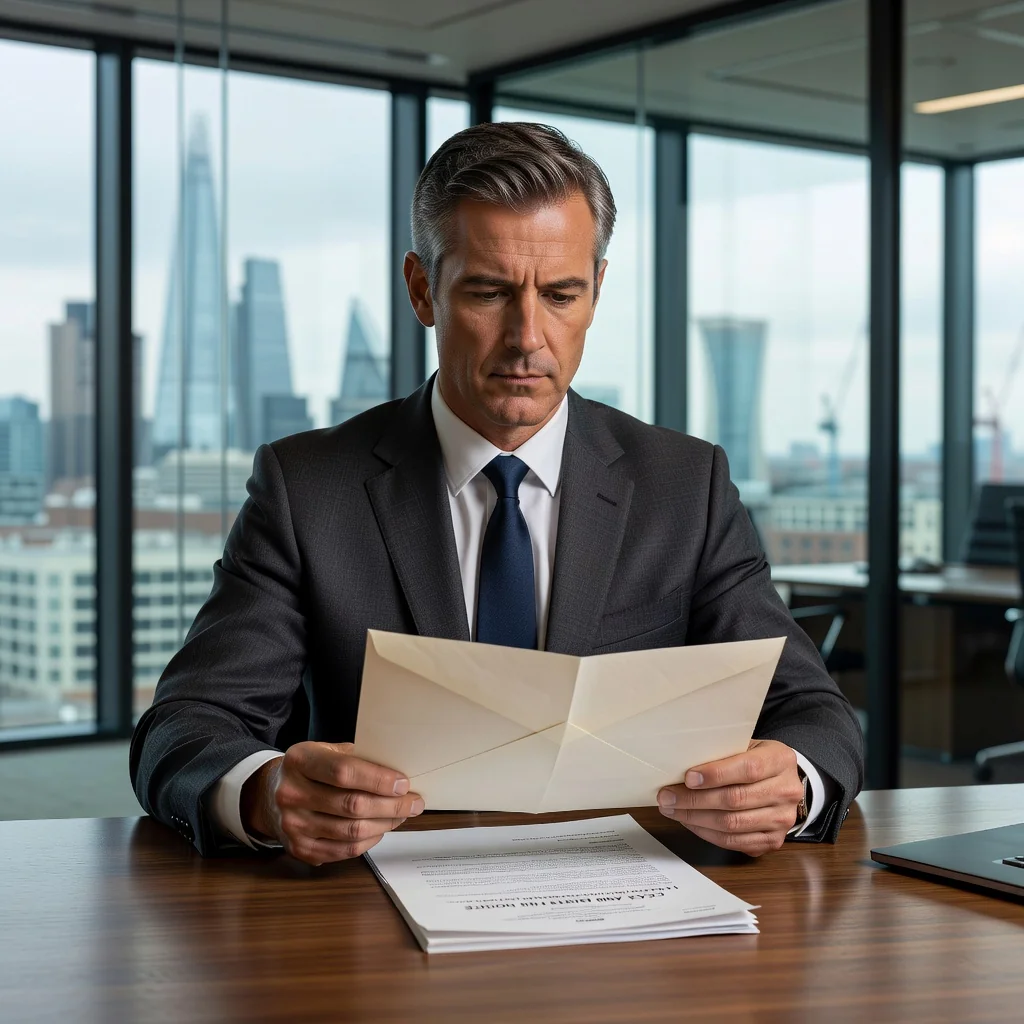 A photorealistic image depicting a professional adult in a modern office setting, looking determined while reviewing important correspondence on a desk, symbolizing the assertive action of sending a cease and desist letter to protect rights in the UK.