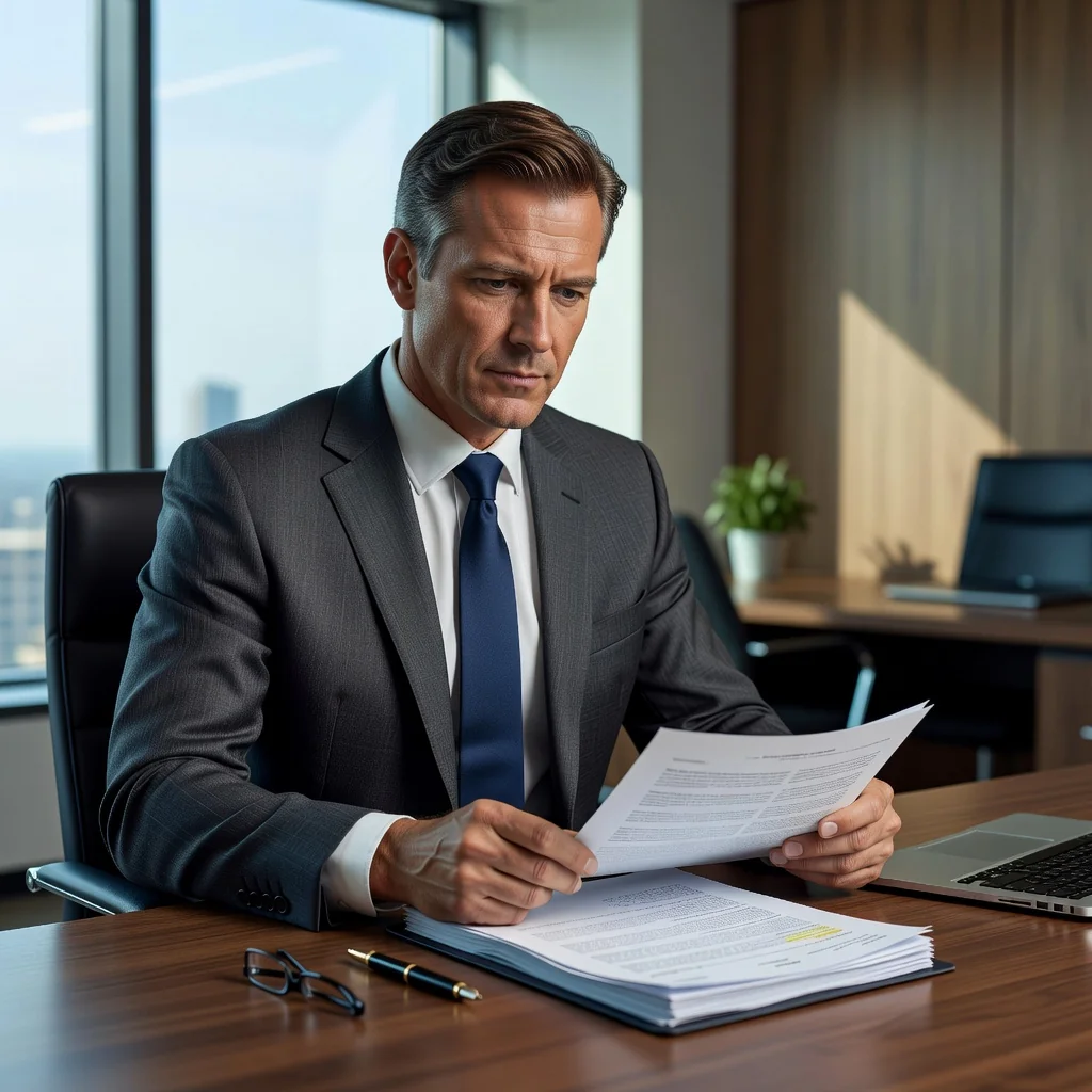 A photorealistic image representing the purpose of a cease and desist letter, showing a determined adult professional in a modern office setting, reviewing important documents on a desk with a serious expression, symbolizing protection of rights and stopping unauthorized activities. No children are present in the image.