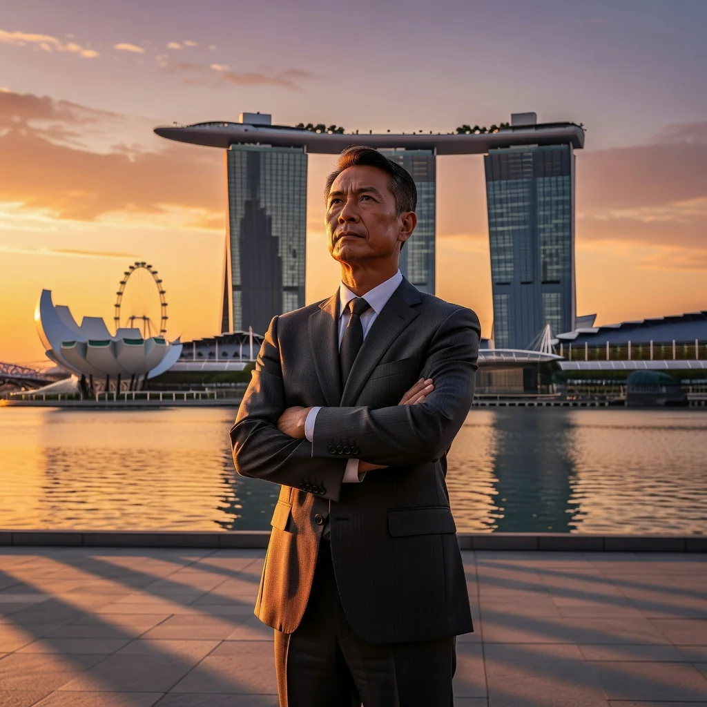 A photorealistic image representing the concept of stopping unwanted actions or harassment in a professional Singaporean context, such as a confident business professional in modern Singapore office attire standing firmly with arms crossed against a blurred urban Singapore skyline at dusk, symbolizing protection and legal boundaries without showing any documents.