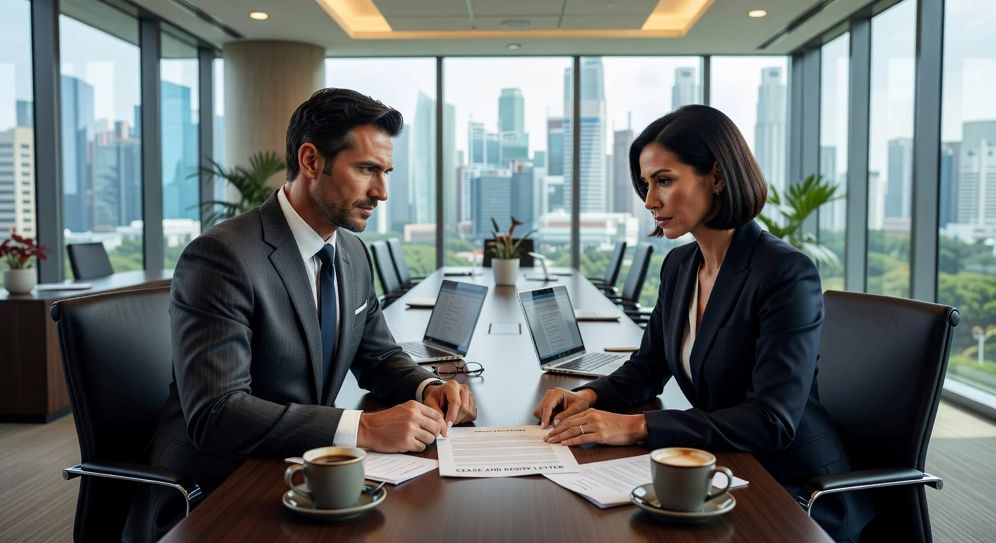 Business meeting discussing legal cease and desist