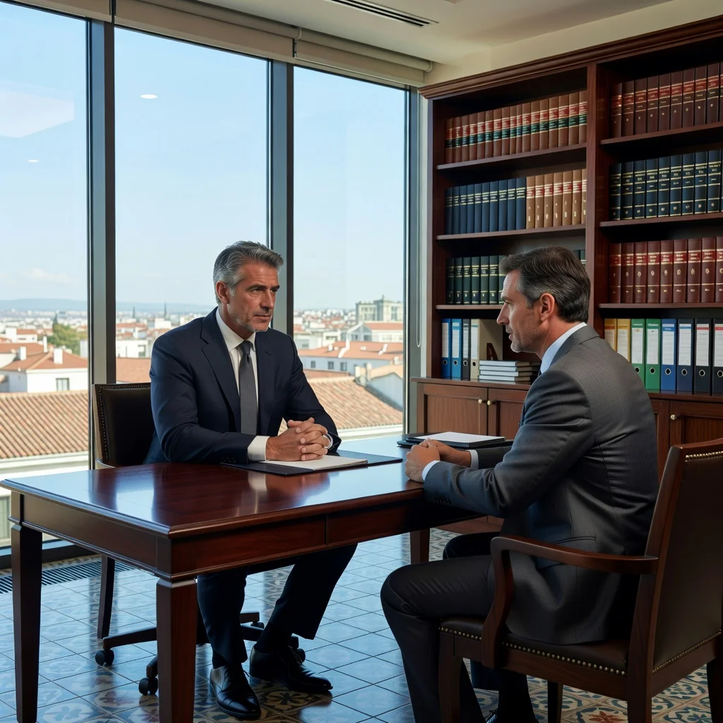 A professional scene in a modern Spanish law office, featuring an adult lawyer in a suit discussing legal matters with an adult client across a desk, with Spanish flag elements in the background, symbolizing formal legal requirements and notifications without showing any documents.
