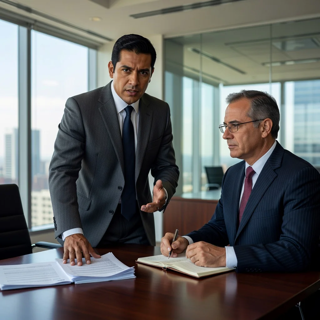 A photorealistic image representing the purpose of a Carta de cese y desist in Mexico, showing an adult professional in a modern office setting receiving a formal cease and desist notice from a lawyer, symbolizing the enforcement of legal rights without depicting the document itself.