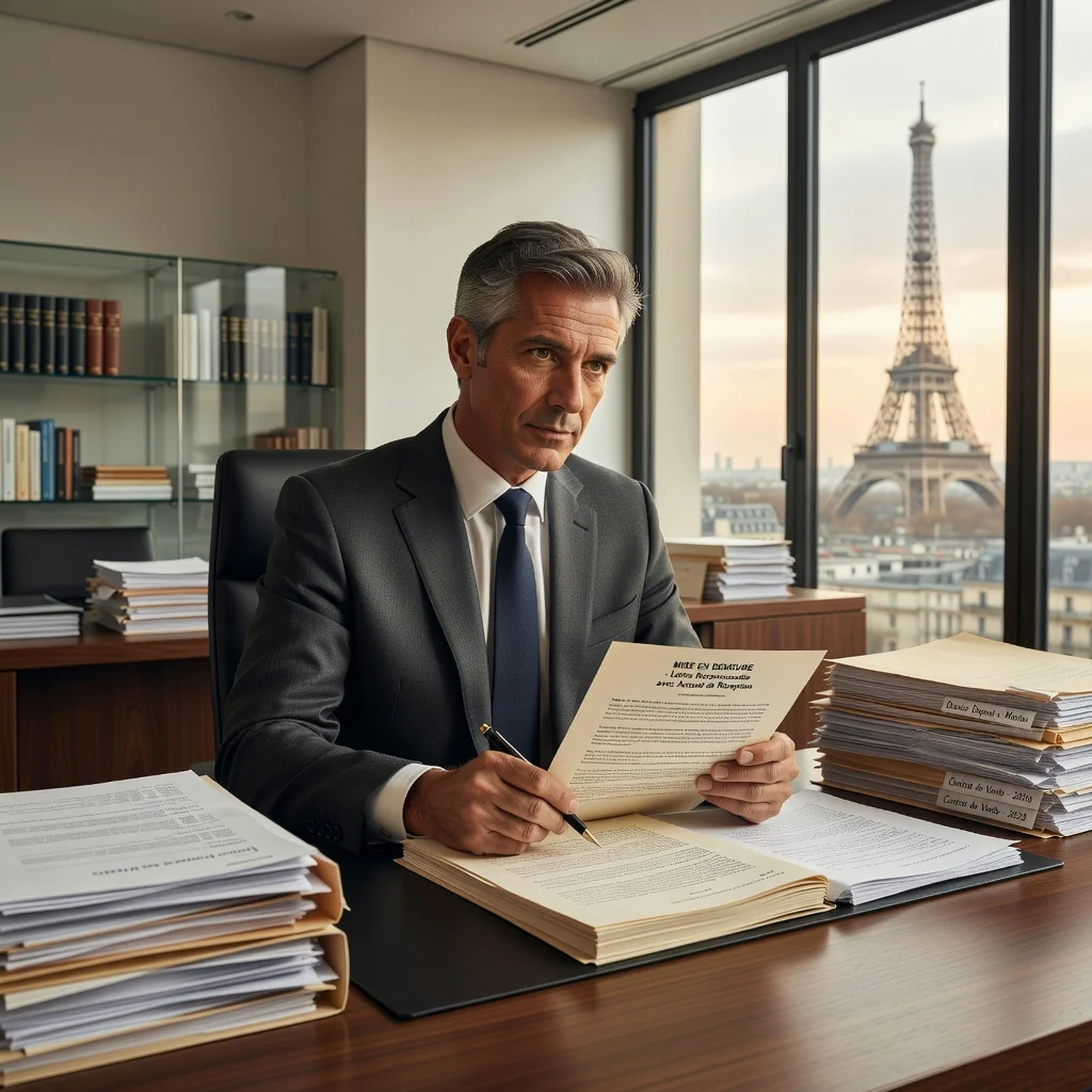 A photorealistic image depicting a professional French legal scene related to sending a formal demand letter (mise en demeure), such as a determined adult lawyer in a modern office reviewing important documents with the Eiffel Tower visible through the window, symbolizing the formal process of legal notification in France. No children are present in the image.
