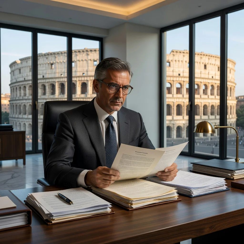 A photorealistic image depicting a professional Italian lawyer or legal advisor in a modern office setting in Italy, looking determined and reviewing important papers on a desk with subtle Italian landmarks visible through the window, symbolizing the protective and warning nature of a Lettera di diffida without showing any actual documents or children.