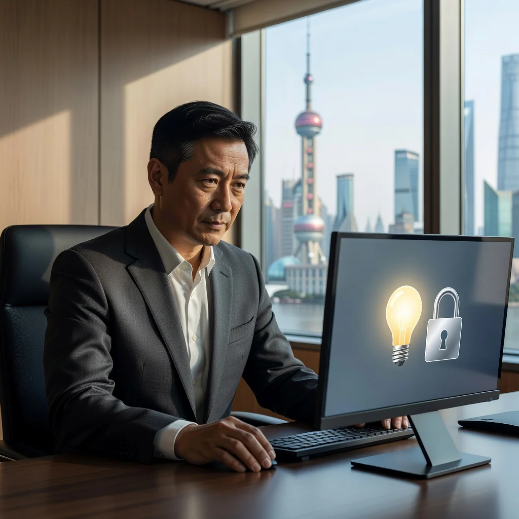 A professional scene representing intellectual property protection in China, showing a determined Chinese business professional in a modern office reviewing digital files on a computer, with subtle Chinese cultural elements like a flag or city skyline in the background, symbolizing legal action against infringement without depicting any documents.