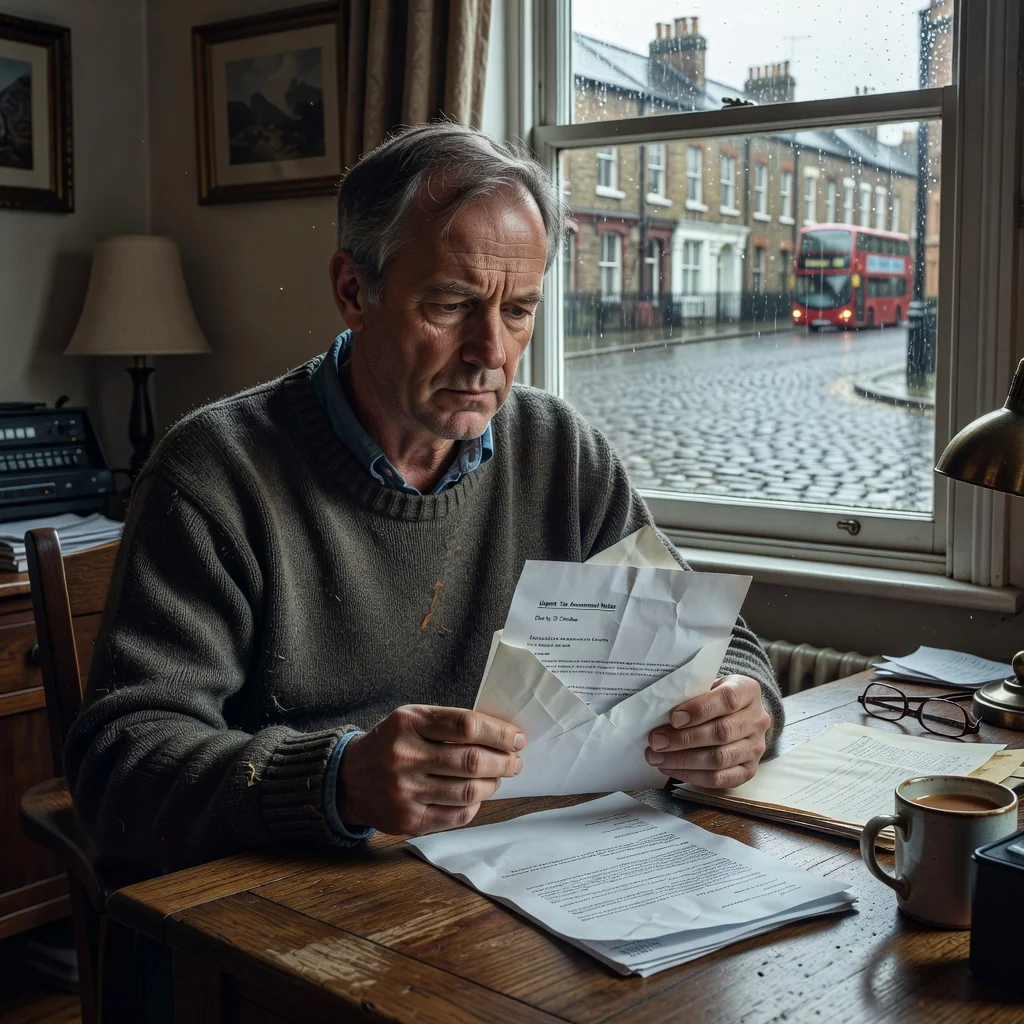A photorealistic image of a concerned adult UK resident in their 30s, sitting at a home desk with a thoughtful expression, holding a letter in an envelope, symbolizing the receipt of a formal notice like a Letter Before Action, with subtle UK elements such as a Union Jack flag or London skyline in the background blur, evoking themes of legal preparation and resolution without showing any corporate documents directly.