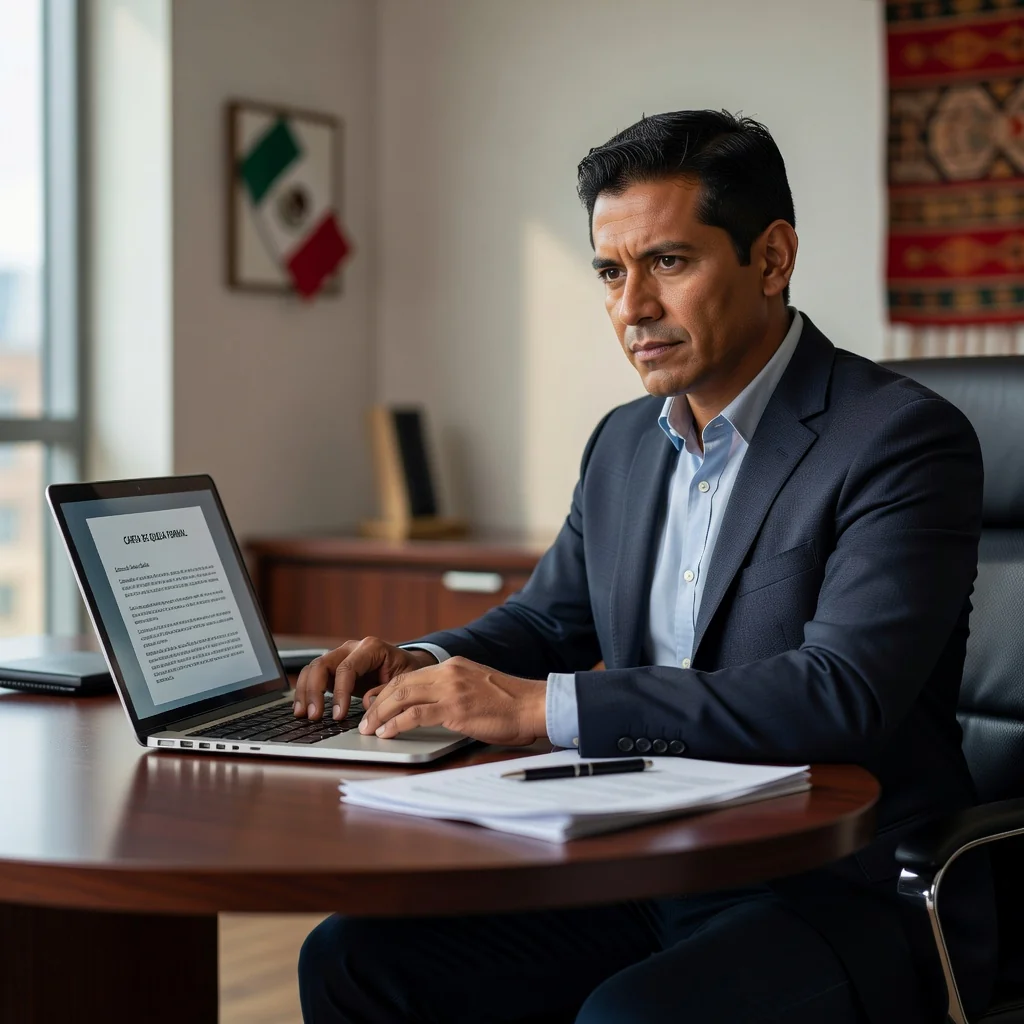 A photorealistic image of a determined adult Mexican professional in a modern office setting in Mexico City, sitting at a desk with a laptop open, typing a formal complaint letter on screen, surrounded by subtle elements like a Mexican flag or cultural icons in the background, conveying empowerment and resolution of consumer rights issues, no children present.