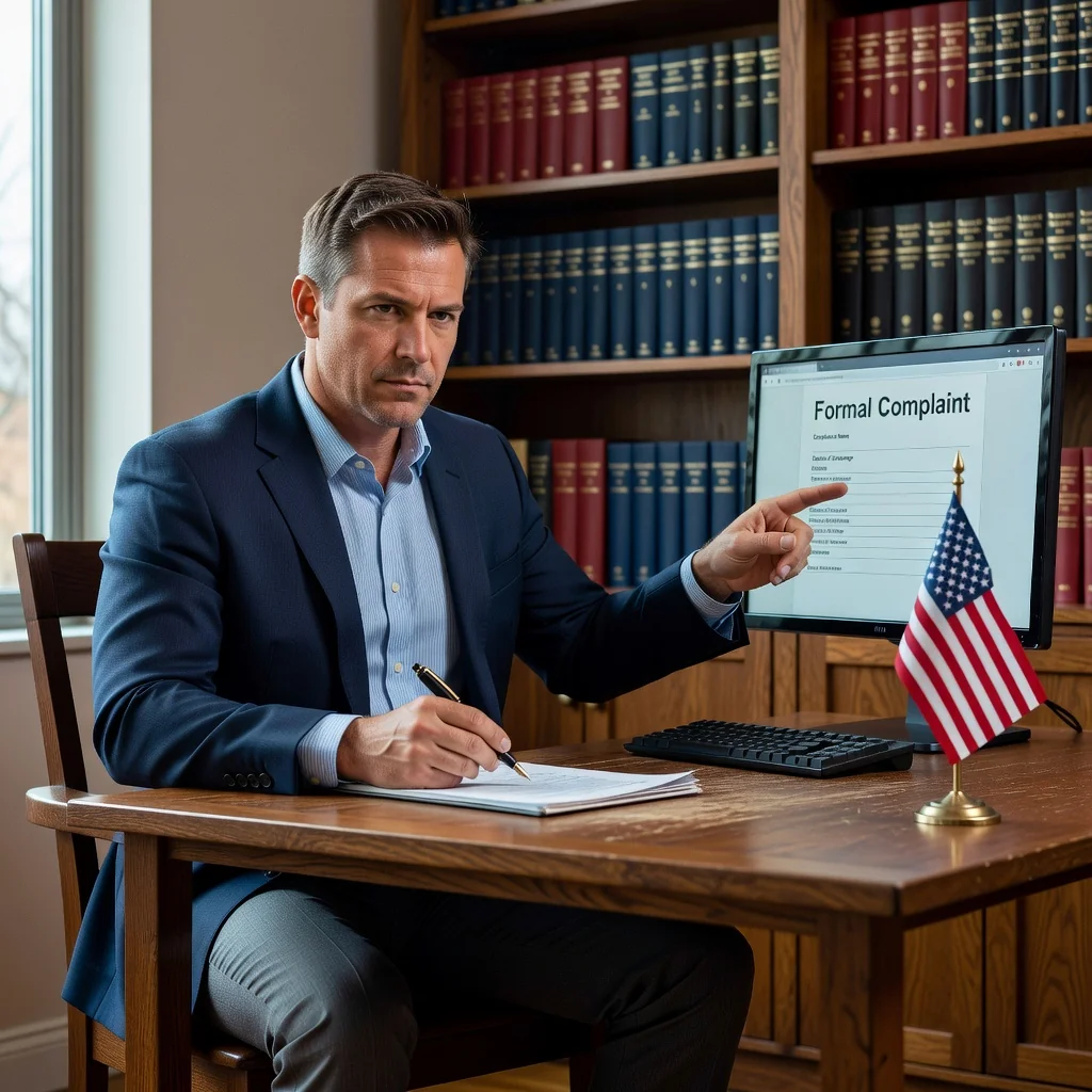 A photorealistic image of a determined adult professional sitting at a desk in a home office, holding a pen and looking at a formal complaint form on their computer screen, symbolizing the act of filing a formal complaint in the United States. The scene conveys empowerment and justice, with American flag elements in the background. No children are present in the image.
